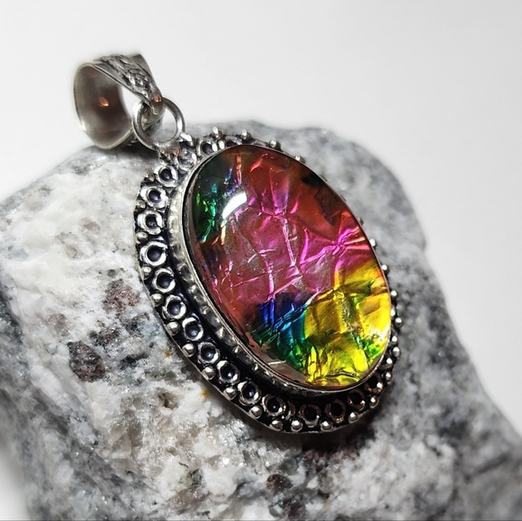 Rainbow Dichroic Glass Pendant Sterling Silver Overlay Hand Crafted Necklace - Picture 5 of 8